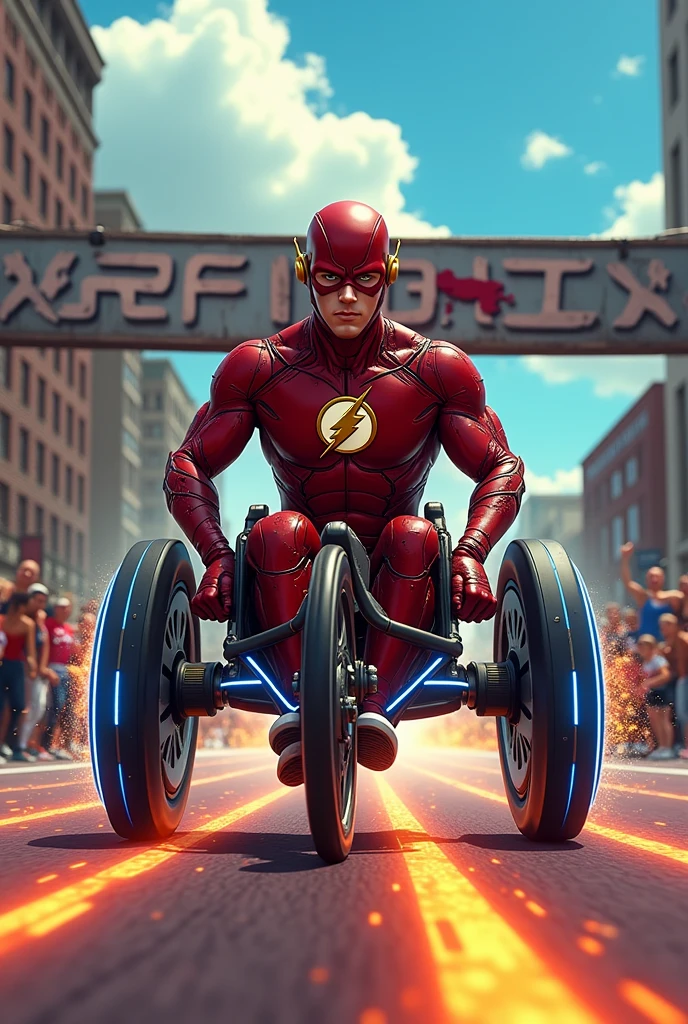 ps1 game screenshot, the flash in a wheelchair, winning the boston marathon, hot streaks behind him as his wheelchair drives across the finish line, there is a banner overhead at the finish line with text ps1 flux by veryvanya, the flashs wheelchair is sleek and high-tech, with glowing blue accents and a bold, red stripe running along the side, his iconic red and gold costume is torn and worn, but still vibrant, with a few loose threads and scorch marks, the finish line is crowded with cheering spectators, the sky above is a bright, sunny blue, with a few puffy white clouds, the flashs face is set in a determined expression, his eyes fixed intently on the finish line, his arms are muscular and toned, with a few scars and bruises visible, the wheelchairs wheels are blurred, conveying a sense of speed and motion, the hot streaks behind the flash are long and curved, like a comets tail, and are colored in shades of orange, yellow, and red, the banner overhead is made of a shiny, metallic material, and the text ps1 flux by veryvanya is written in bold, graffiti-style letters
