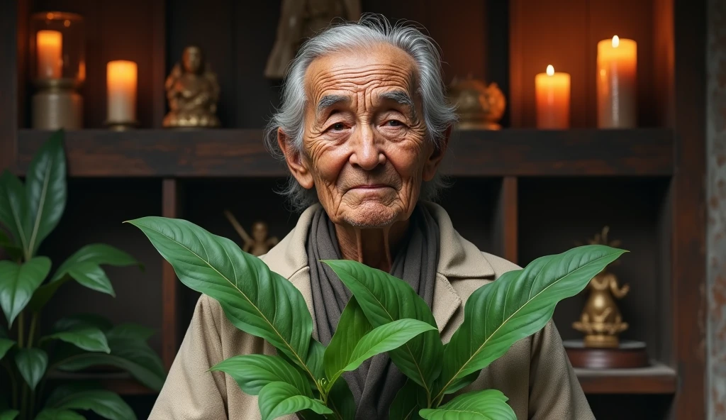 ultra realistic elderly healer with two Dracaena trifasciata plants, crossing like an x in front of your chest. In the background, a house with a shelf with saints and lit candles.. convey depth.