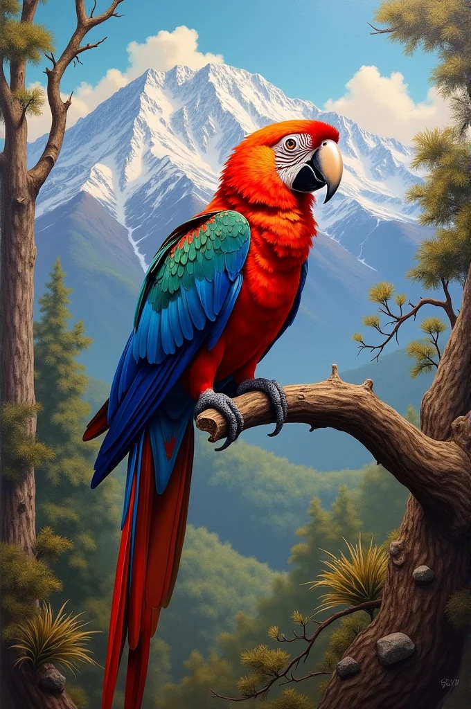 Oil painting image, of a Chilean Tricahue Parrot with colors of the Chilean flag on a branch of a tree in nature in the background you can see the Andes mountain range with snow