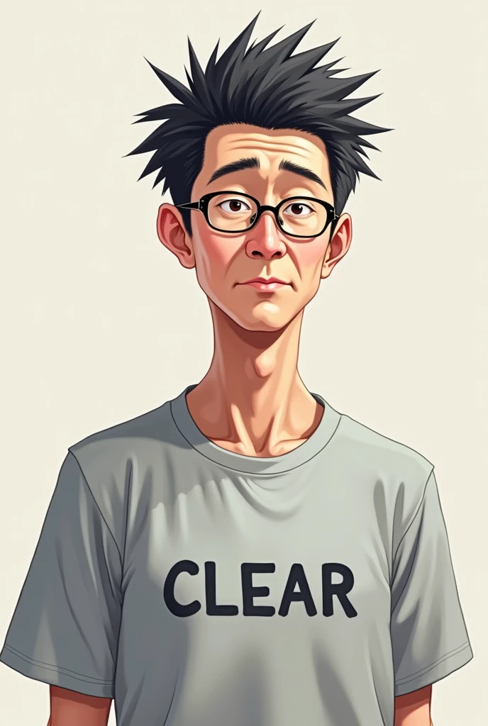 2D illustration of a short 40-year-old Japanese man with glasses wearing a gray shirt with the words CLEAR on the chest and spiky hair 
