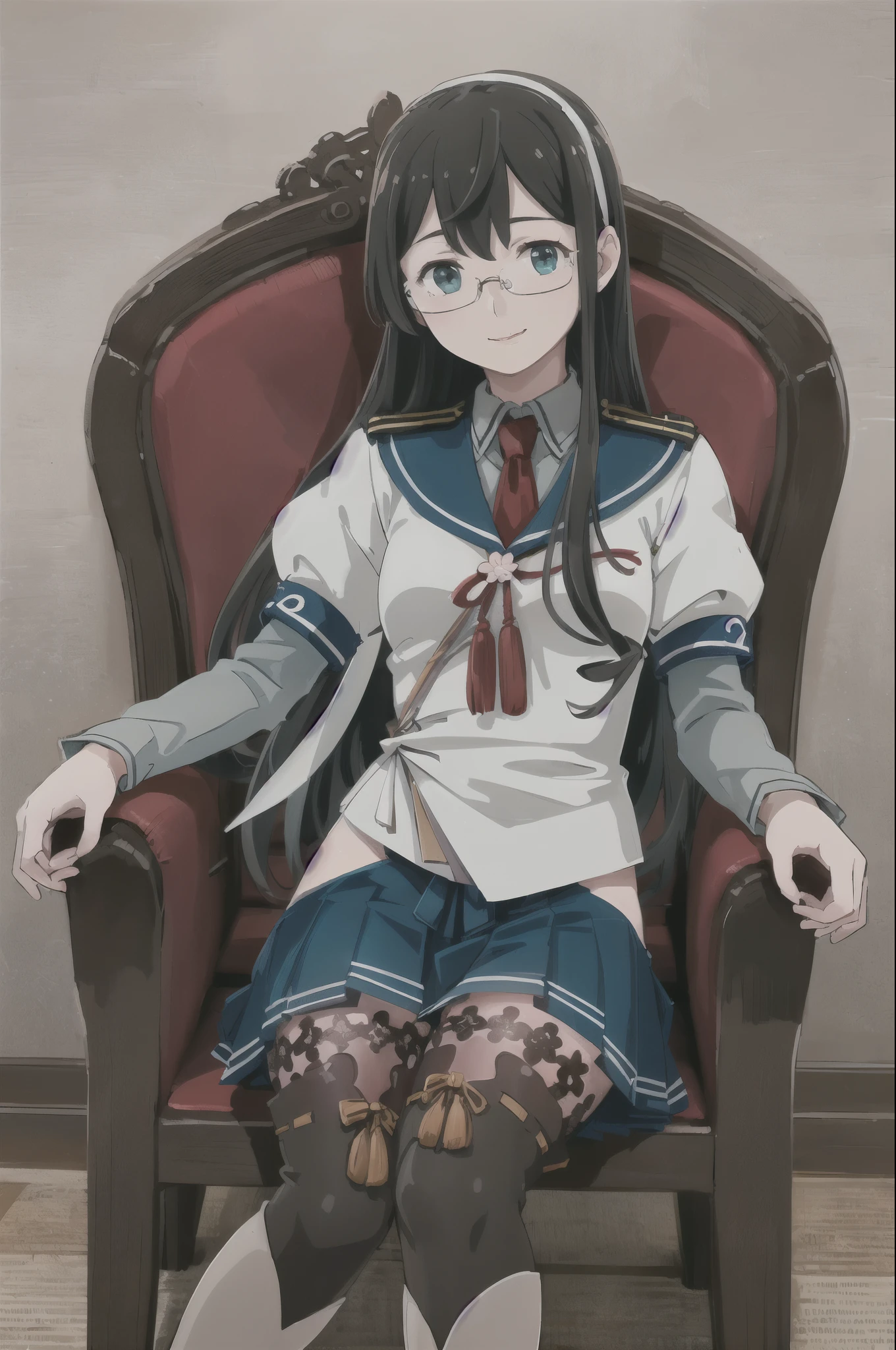 (masterpiece), (Highest quality), (Very detailed), Realistic, (Best illustrations), (Very delicate and beautiful), One girl, alone, Taiyodo \(Kantai Collection\), whole body, Blue Skirt, Seraphim, Blue sailor collar, Red tie, short over Long sleeve, Long sleeve, (Red Bow:0.9), (Red ribbon), Floral decoration, Semi-rimless eyewear, Long Hair, Black Hair, White hair band, ((White ribbon)), Hip vents, Thigh-high boots, Legwear with ribbon trim, (Lace-trimmed legwear), Red cord, sitting in an armchair, Decorative armchair, Detailed indoor office (From above:0.8), smile