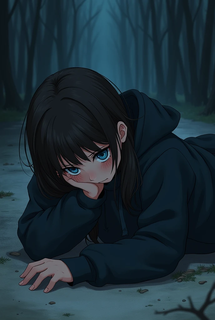 Illustration of a girl, dark brown hair, blue eyes, with a big black sweatshirt, lying on the ground covering her face scared, dark at night