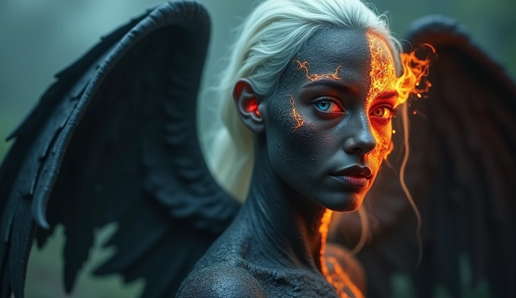 Misty Valley, a close-up of a mysterious female entity, one half of her body and face is beautiful, angelic appearance, blue eyes, white hair, the other half of her body and face is demonic, coal-black skin, red eye and hair are burning with fire, demonic horn, on her back are wings corresponding to each part of the body. Dark atmosphere, cinematic, masterpiece, clear focus.