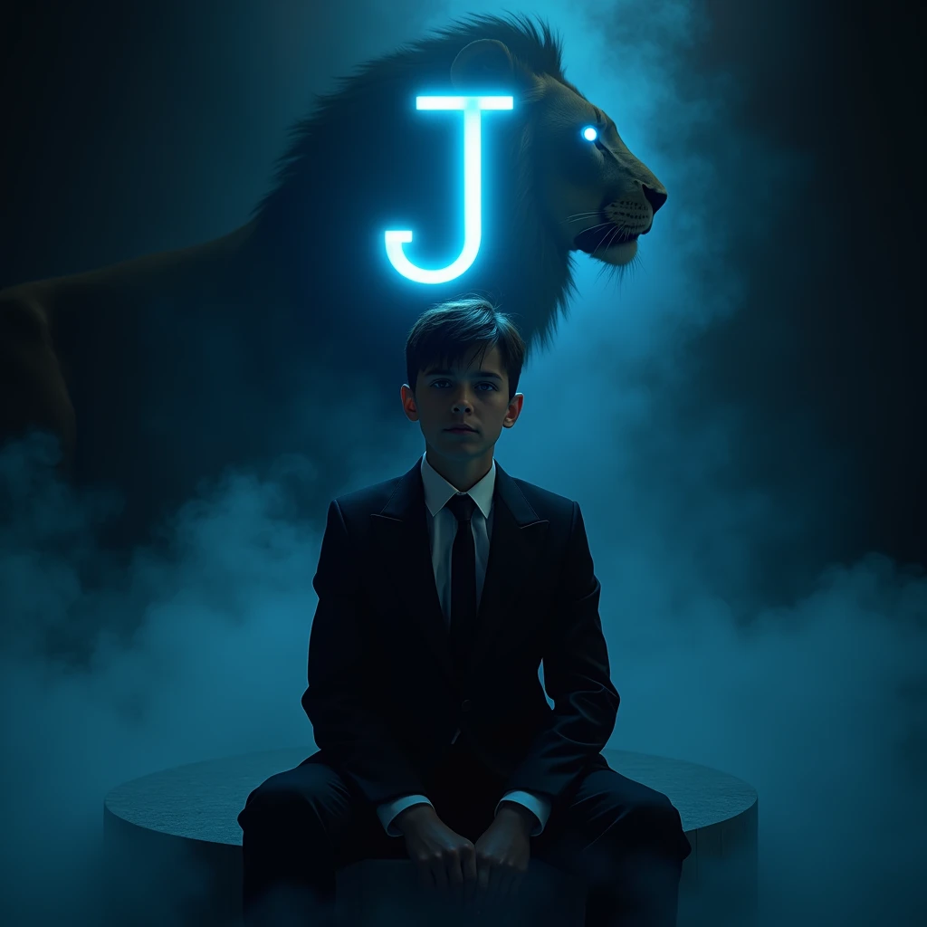 Create a realistic image where a boy wearing black luxury suit and sitting on a king size chair, there is smoke in the background of a shadow of a lion and lion's eyes is glowing in blue colour. In background the name " J " is showing in bold and neon effects just above the head of the character as per his name.