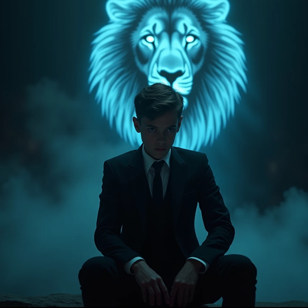 Create a realistic image where a boy wearing black luxury suit and sitting on a king size chair, there is smoke in the background of a shadow of a lion and lion's eyes is glowing in blue colour. In background the name " J " is showing in bold and neon effects just above the head of the character as per his name.