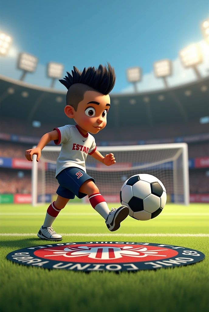 Eduardo Jr., , is playing soccer with his friends on a soccer field. His team is called Barra Unico FC and on the field there is an emblem on the ground with the logo and name of the team. In this photo, this boy is kicking the ball towards the goal and scoring a goal in the corner. Eduardo Jr. is white with dark black hair and a mohawk haircut., UHD