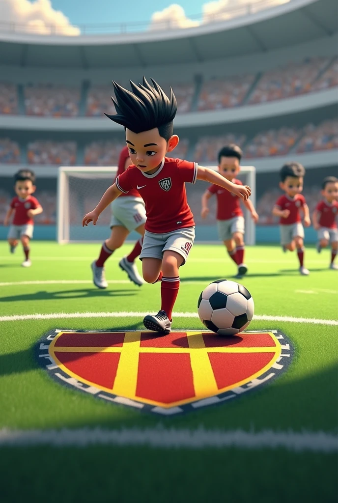 Eduardo Jr., , is playing soccer with his friends on a soccer field. His team is called Barra Unico FC and on the field there is an emblem on the ground with the logo and name of the team. In this photo, this boy is kicking the ball towards the goal and scoring a goal in the corner. Eduardo Jr. is white with dark black hair and a mohawk haircut., UHD