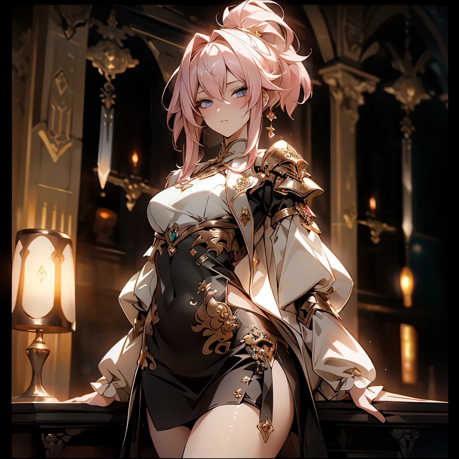 (best quality)), ((Masterpiece)), (details:1.4), 3d, HDR (high dynamic range), an image of a beautiful cyberpunk female, fantasy, medieval, cyberpunk, pink hair, high ponytail, hips up, Beautiful White eyes, จมูกโด่ง, ปากแดง, หน้าอกใหญ่, nvidia RTX, PBR surface, After processing, Anisotropic filtration,depth of field, Maximum clarity and clarity, multi-layered surface, Subsurface scattering, perfect proportions, 8K raw files, ultra detailed, Perfect proportions, volumetric lighting, soft lighting, Holy Paldin, Heavy Golden Armor, white dress, intricate Silver embroidery, glossy skin, Castle Background, jewely, ต่างหู, mini black skirt, blackglove, long-sleeved golden jacket,