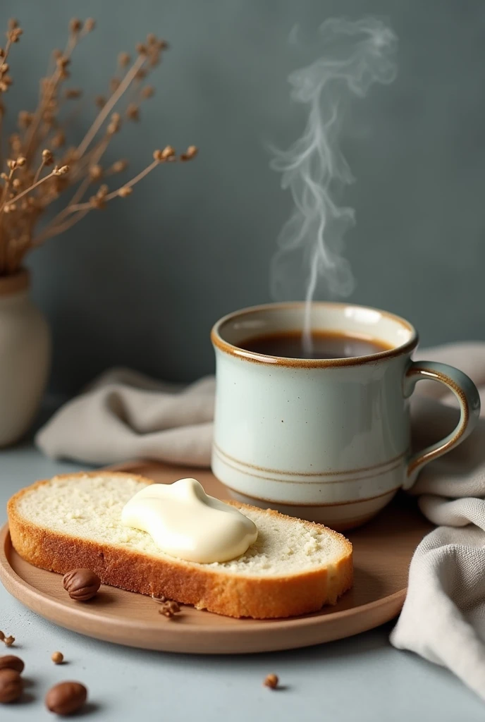 I want an image with coffee with milk in a mug and a slice of bread with cream cheese, but the image needs to have cooler colors and appear homemade.