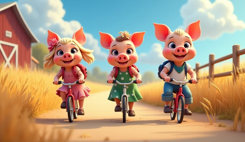 Charming countryside scene, pixar style, 3d, 3 very cute piglets wearing dresses riding bicycles carrying backpacks. on the left is one cute piglet wearing pink dress with white flowers carrying backpack, in the centre is a cute piglet wearing green dress with white polka dots carrying backpack, on the right is one cute piglet wearing white t-shirt blue jeans and a blue bandana carrying backpack, Winding dirt road through golden wheat fields. Wildflowers dotting roadside. Rustic wooden fence, distant red barn. Fluffy white clouds in blue sky. Girl's pigtails and dress fluttering in breeze. Warm sunlight, long shadows, game button art, Game illustration, lovely digital painting, artstation for kids art, Official artwork, key art, mobile game art, cover game art, zootopia concept art, (soft lighting:1.3), (green and earthy color scheme:1.3), (highly detailed), (ultra quality:1.3), (masterpiece), (digital art), 8K resolution, HDR, depth of field, (soft shadows), (photorealistic:1.3), (animation:1.2), (by Greg Rutkowski:0.9), (in the style of Alphonse Mucha), trending on ArtStation, award-winning art, 3d style