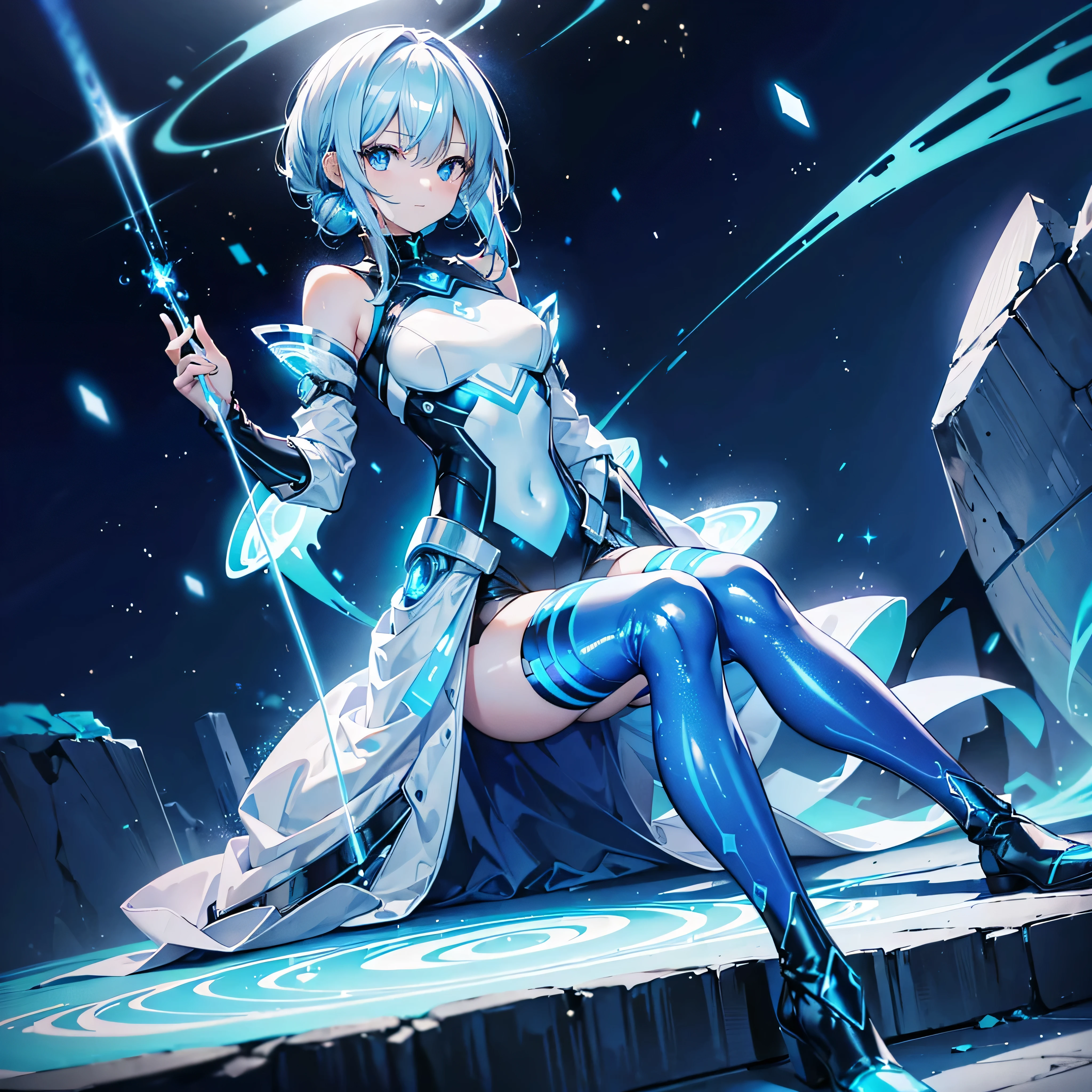 ((Holographic glow effect)),8k, Highest quality, (real:1.4), Original photo, 1 person, Asari Hair, Biological Amplifier, Very sleek and futuristic armor, posture: Peace talks between warring factions,,attention arousal, smart blue eyes,A modest smile,Knee-high boots,Patent-look blue tights,Blue big moon and blue light swirl in the background,Blue light from behind,blue light magic,A small, glowing blue ball in the palm of your hand,Blue flame swirl,Blue Comet,Polished floor,