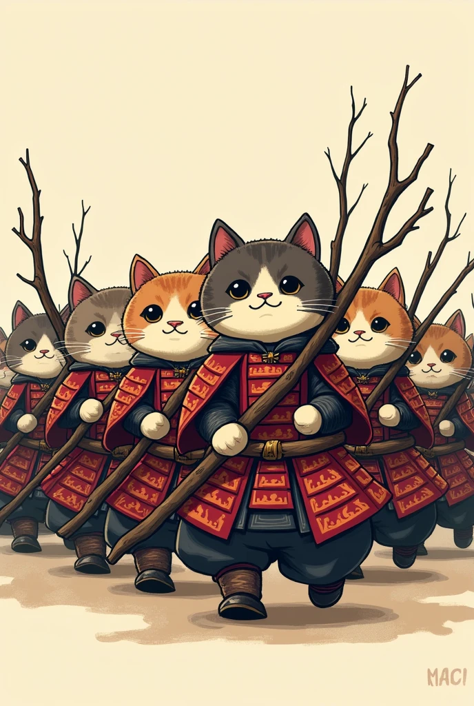 Stuffed cat dressed as a samurai Bring along your stuffed animal companions All the stuffed animals are cats Weapon: Tree branch Feeling like we're marching Increase the number of people About 20 people Side by side