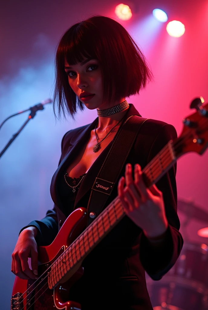 Short Bob Hair、woman、bassist、live house、smoke、Bright lighting、