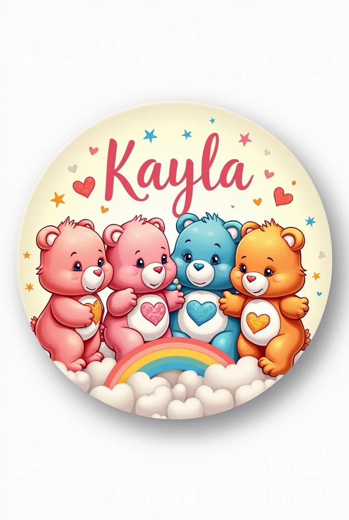round sticker design with Care Bears theme featuring the name Kayla in a delicate font