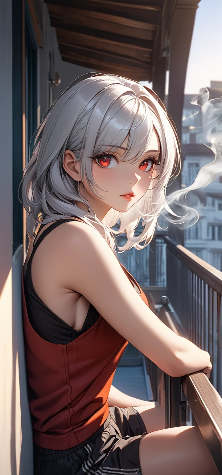 Ultra high resolution, rich colors, perfect image, top quality, detailed image, beautiful woman, glowing skin, skin and clothing texture, delicate eyes, morning, balcony, leaning on arm, smoking, tank top, shorts, long silver hair, red eyes