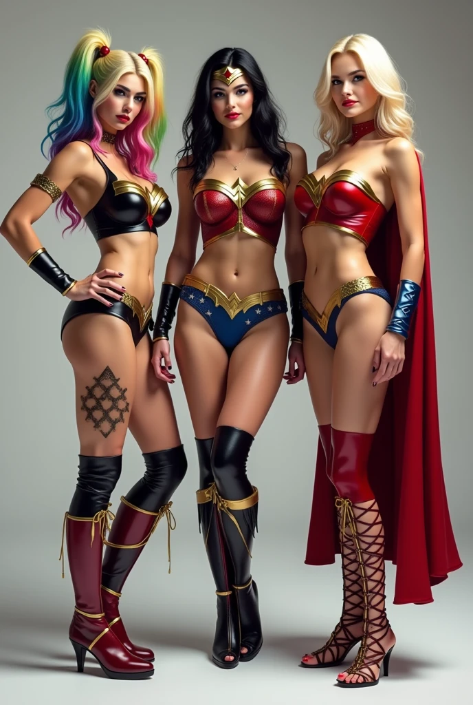 ((Full body photo, standing, feet on the floor)) score_9, score_8_up, score_7_up, score_6_up, 3girls, harley quinn (colored hair, supergirl back, thigh-high gladiator sandals, red and black lingerie, belly button :1.1) ( black hair, Supergirl back, thigh-high gladiator sandals, blue lingerie, navel :1.1) . Wonder Woman (black hair, back to Supergirl, thigh-high gladiator sandal boots, blue lingerie, belly button: 1.1) and Supergirl (blonde hair, red and gold lingerie, mid-thigh gladiator sandals, level : 1.3 )