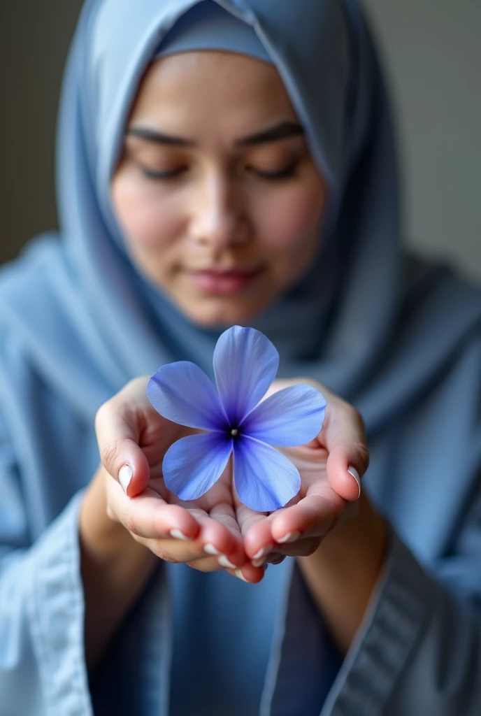 blue violet flower hold on to a hijab woman hands 