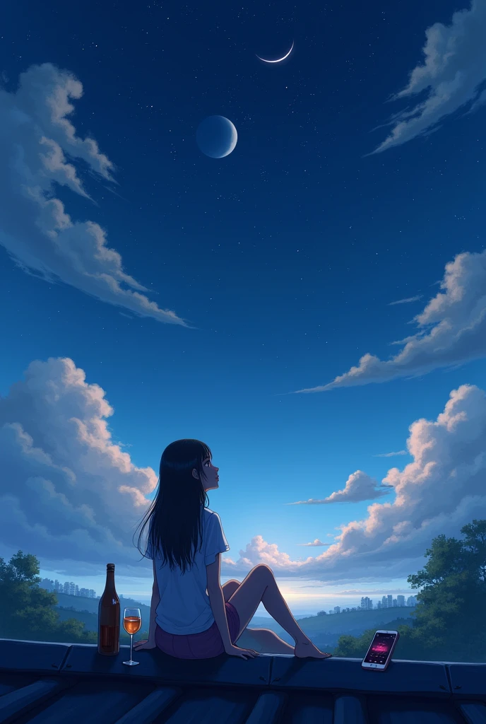 generate a animated image in a landscape mode. in a image a person(girl) sit on a rooftop of a house in a night time and view on a big sky in a sky add some clouds and some stars and a moon in it,and side of a girl one bottle and glass and mobile phone in the mobile interface they show some music playing in it