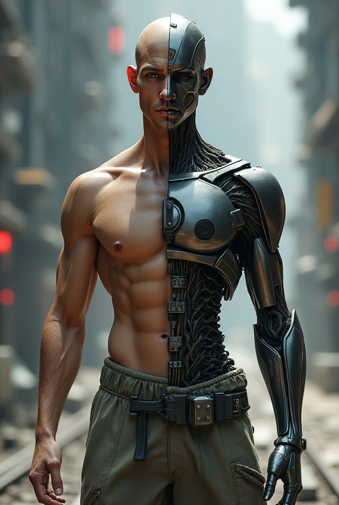 The character stands upright, with the left side of their body being human and the right side being robotic. The human half is realistic, featuring natural skin tones, detailed facial features, and traditional clothing or attire. The robotic half contrasts sharply, displaying metallic surfaces, visible circuitry, and mechanical joints. The transition between the two halves should be seamless but distinct, with the human and robotic parts reflecting their respective characteristics. The background can be a neutral or futuristic setting to emphasize the hybrid nature of the character.in space 