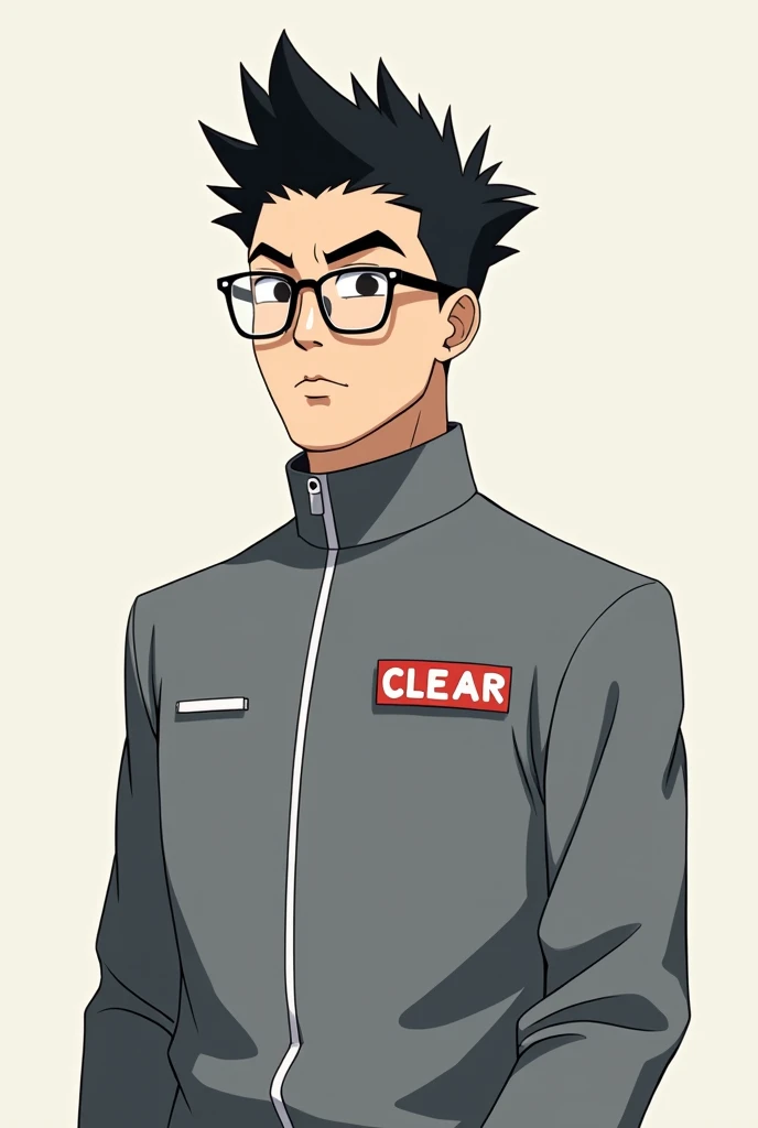 2D illustration of a short 3 Japanese man with glasses wearing a gray uniform with the letters CLEAR on his chest and spiky hair