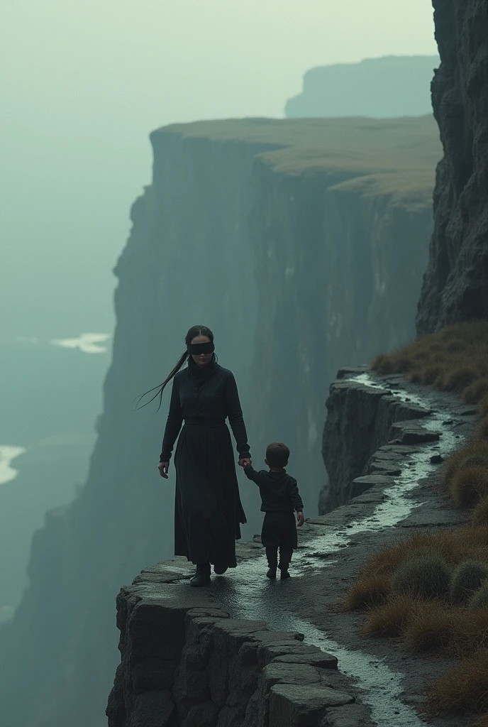 in detail, a woman and a child have their eyes covered with a blindfold and walk along the edge of a terrible precipice.
