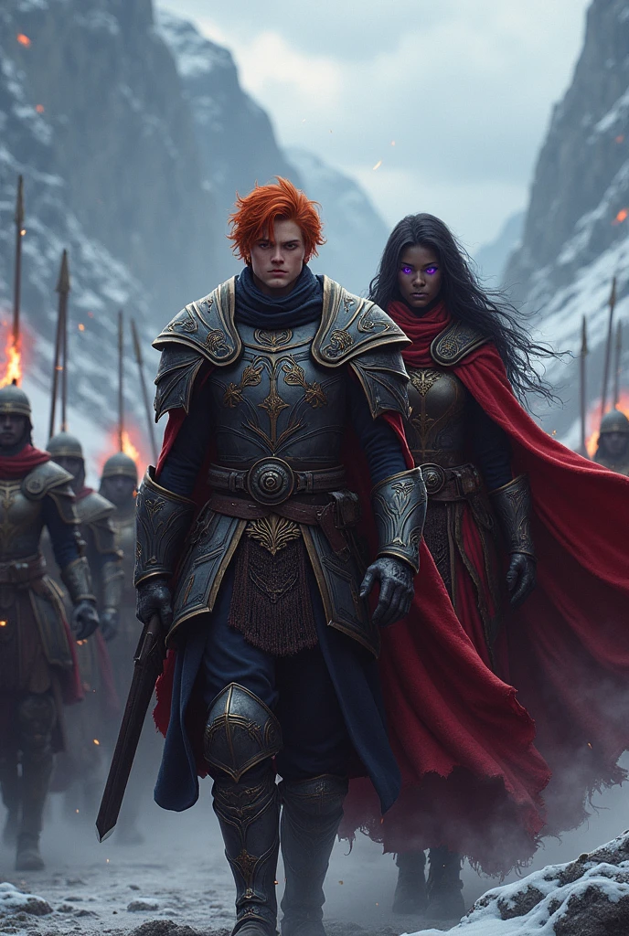Prince of Fire Hero, Nordic, young and red-haired with his army and with a black-haired sorceress with dark skin and violet eyes.