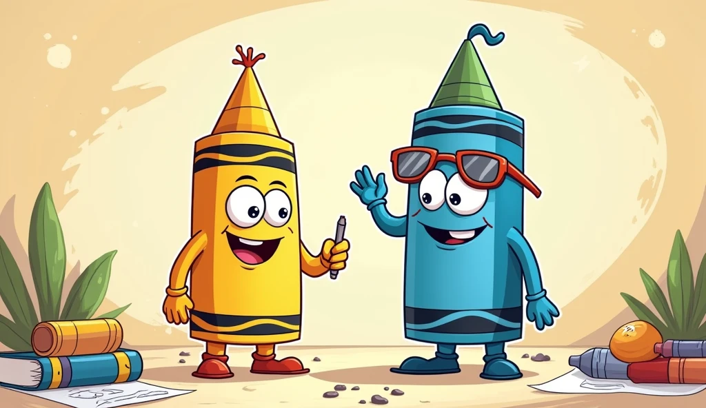 Crée une bande dessinée animée mettant en scène deux personnages principaux, des crayons de couleur jaune et bleu. Le style de la bande dessinée doit être cartoon avec des couleurs vives et des traits expressifs. Les deux crayons doivent être animés avec des traits de personnalité distincts :
1. **Crayon Jaune :** Avec une expression joyeuse, de grands yeux ronds, un sourire amical, et des bras et jambes en forme de dessins animés. Il doit porter un chapeau ou un accessoire amusant, comme un petit chapeau de fête ou des lunettes funky.
2. **Crayon Bleu :** Avec une expression curieuse, des yeux vifs, une petite moue ou un air pensif, et des bras et jambes similaires. Il peut avoir un accessoire complémentaire comme une écharpe ou une casquette.
La bande dessinée doit être divisée en plusieurs cases montrant les deux crayons dans des situations amusantes et interactives, telles que :
- **Case 1 :** Les crayons se rencontrent pour la première fois, échangeant des saluts amicaux.
- **Case 2 :** Ils participent à une activité ensemble, comme dessiner un grand dessin sur une feuille ou jouer à un jeu.
- **Case 3 :** Ils résolvent un petit problème ou affrontent une situation drôle, montrant leur coopération et leur amitié.
- **Case 4 :** Un moment de célébration ou de succès, avec des expressions joyeuses et des éléments festifs.
Le fond doit être simple et coloré, avec des éléments tels que des papiers, des dessins ou des outils de dessin pour compléter le thème artistique. Inclure des bulles de dialogue avec des phrases amusantes ou engageantes pour ajouter du caractère à l’histoire. Le style doit être léger, ludique, et attrayant pour les jeunes spectateurs.