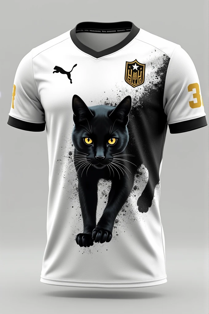 Make the best white interclass jersey, with a small black wild pampas pampas cat that scares opponents, and Make black scratch details on the shirt and in the upper left corner in the chest area place the puma symbol and on the team symbol place a golden star on top