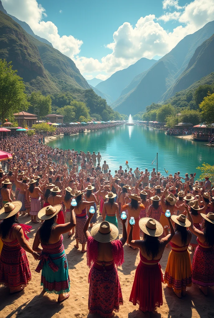 Make a realistic image where women with skirts and hats and men with ponchos and hats from small communities in Peru are worshiping water by having a Peruvian-style carnival party with a lagoon in the background with green mountains and where they have glasses of water in their hands and are dancing.