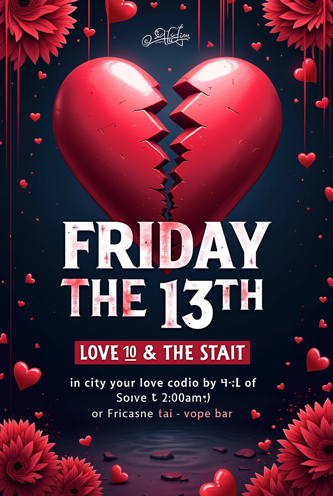 Create a party invitation in Spanish, The theme is love and friendship along with Friday the 13th, broken hearts, heartbreak, estilo aesthetic , the name is friday the 13th, Must say "cover 20k" "8:00p.m - 2:00a.m" "Secret Location" "DJ - Open Bar"