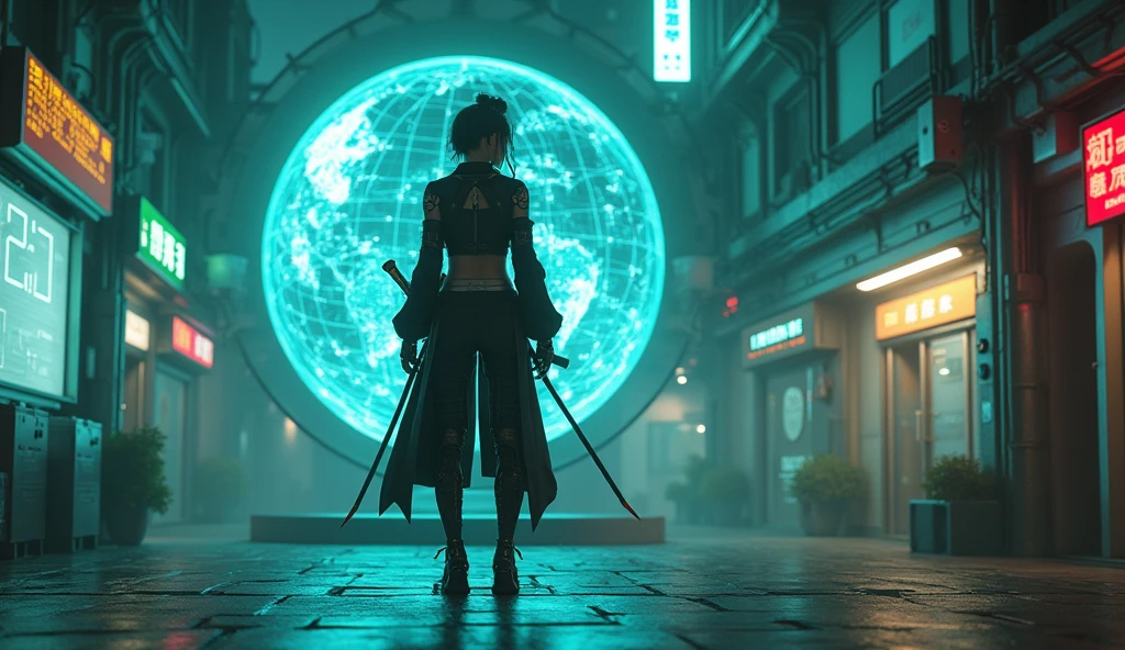 3000 years、Cyberpunk Nighttime City of the Near Future、A female samurai with a cyborg half-body、cyber punk、can'I can see your gaze、Grab the gun、Estimated Age20-year-old、Bodysuits that fit the body、skinny、skinny pants、Casual wear、Wear a half coat、Ready for battle、(Highest quality,4K,High resolution,masterpiece:1.2),Very detailed,Professional,sf,3D Rendering,Globe Hologram,Computer Circuit Board,Made of Lego,Light blue and green tones,Artificial lighting,Sharp focus,high tech elements,Metallic texture,Smooth surface,Complex circuits,Innovative Design,Realistic shadows and reflections,Transparent display,Glowing holographic effect,Light emitting wire and connection,Depth and Dimension,Impressive visual impact,Superb craftsmanship