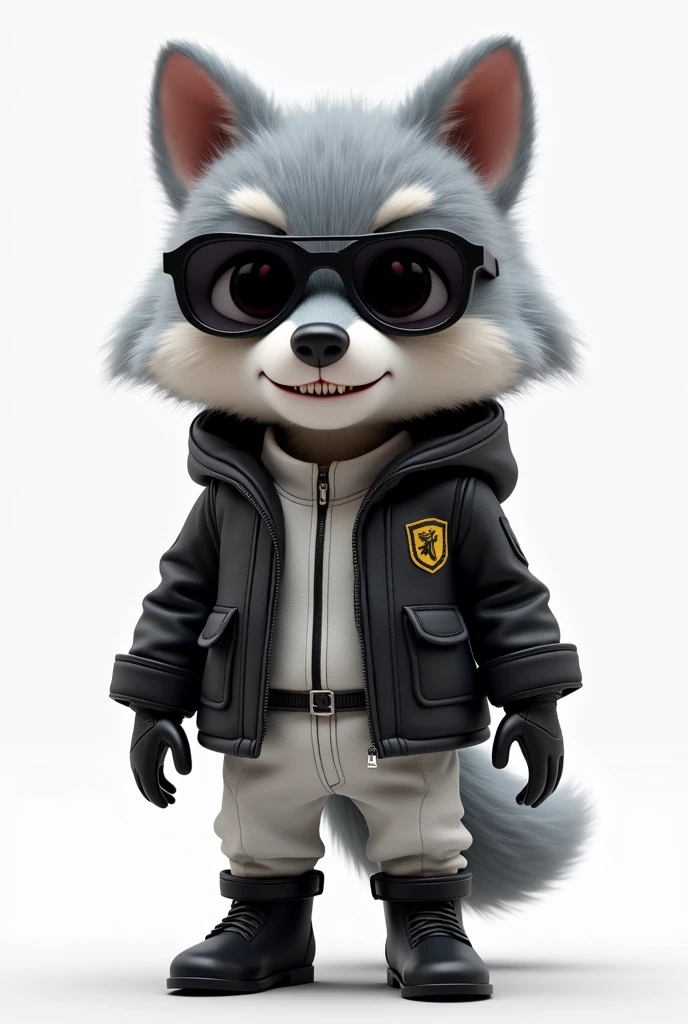  3D rendering in C4d and Blender of a cute fluffy wolf ,gray naural,as if alive,Fur, like a stoat, in a black leather parka and white techno clothes underneath, with big eyes, Sunglasses, small nose, and full growth on a white background. The wolf has black leather boots and a chibi character design with studio lighting.. The wolf grins evilly, with highlighted lines on the suit, a high resolution, high detail, and the best quality