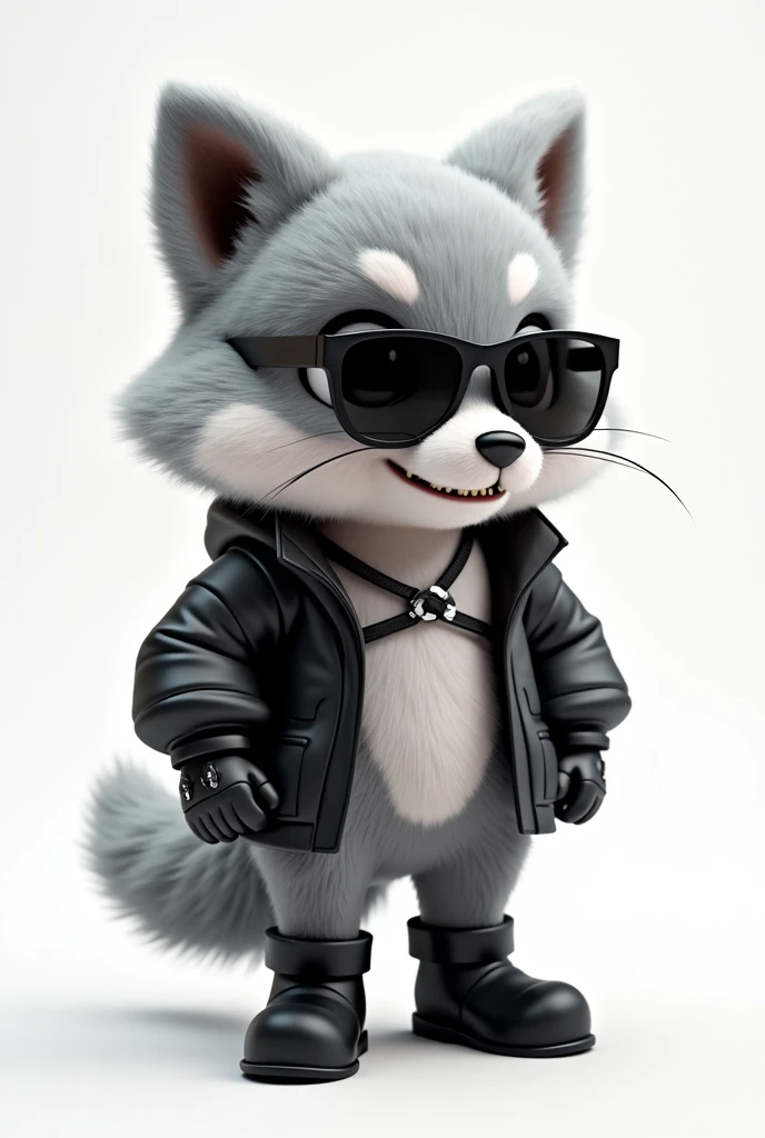 3D rendering in C4d and Blender of a cute fluffy wolf ,gray naural,as if alive,Fur, like a stoat, in a black leather parka and white techno clothes underneath, with big eyes, Sunglasses, small nose, and full growth on a white background. The wolf has black leather boots and a chibi character design with studio lighting.. The wolf grins evilly, with highlighted lines on the suit, a high resolution, high detail, and the best quality