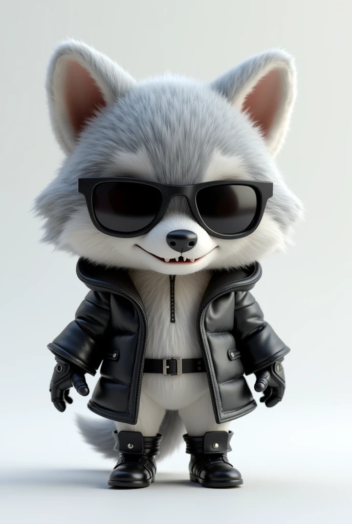  3D rendering in C4d and Blender of a cute fluffy wolf ,gray naural,as if alive,Fur, like a stoat, in a black leather parka and white techno clothes underneath, with big eyes, Sunglasses, small nose, and full growth on a white background. The wolf has black leather boots and a chibi character design with studio lighting.. The wolf grins evilly, with highlighted lines on the suit, a high resolution, high detail, and the best quality