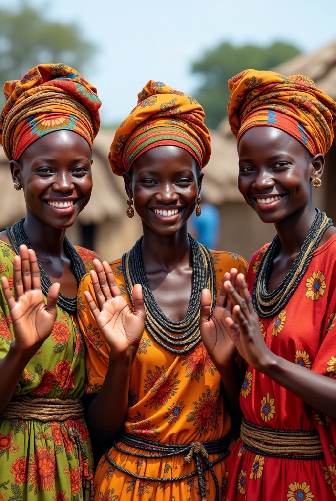 A realistic photo of three village ladies 2 wearing africa igbo attire with beads around their neck they are smiling and waving at their mother