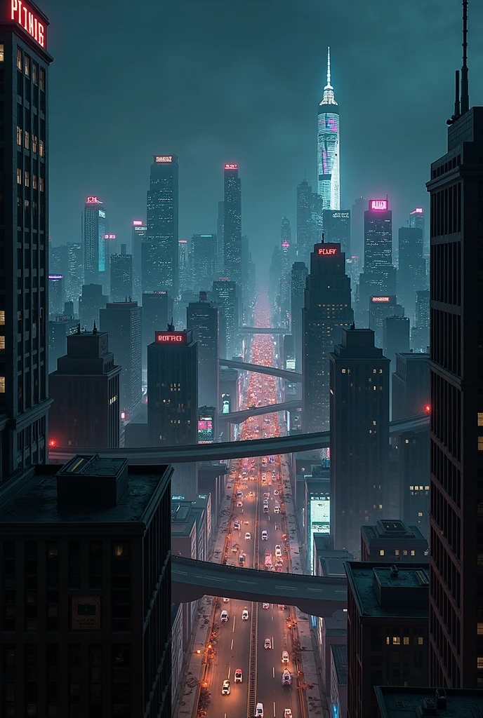a view of a city at night with many lights, metropolis filmic Gotham City, Gotham City background, nighttime in Gotham City, dystopian city skyline at night, cyberpunk city backdrop, Gotham City, Dark futuristic city, dark cyberpunk metropolis, Matte painting Comic art, futuristic city backdrop, futuristic underwater metropolis, realist, 16:9, 4k, view from a rooftop, Low angle view