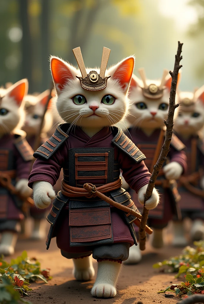 Stuffed cat dressed as a samurai　Bring along your stuffed animal companions　All the stuffed animals are cats　Weapon: Tree branch　Feeling like we&#39;re marching　Increase the number of people　About 20 people　Side by side　Make it a realistic picture