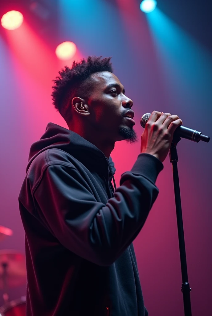 A young and handsome 2 artist , black complexion, une coiffure tapers dégradé, the microphone in front and singing with a catchy rhythm and passion