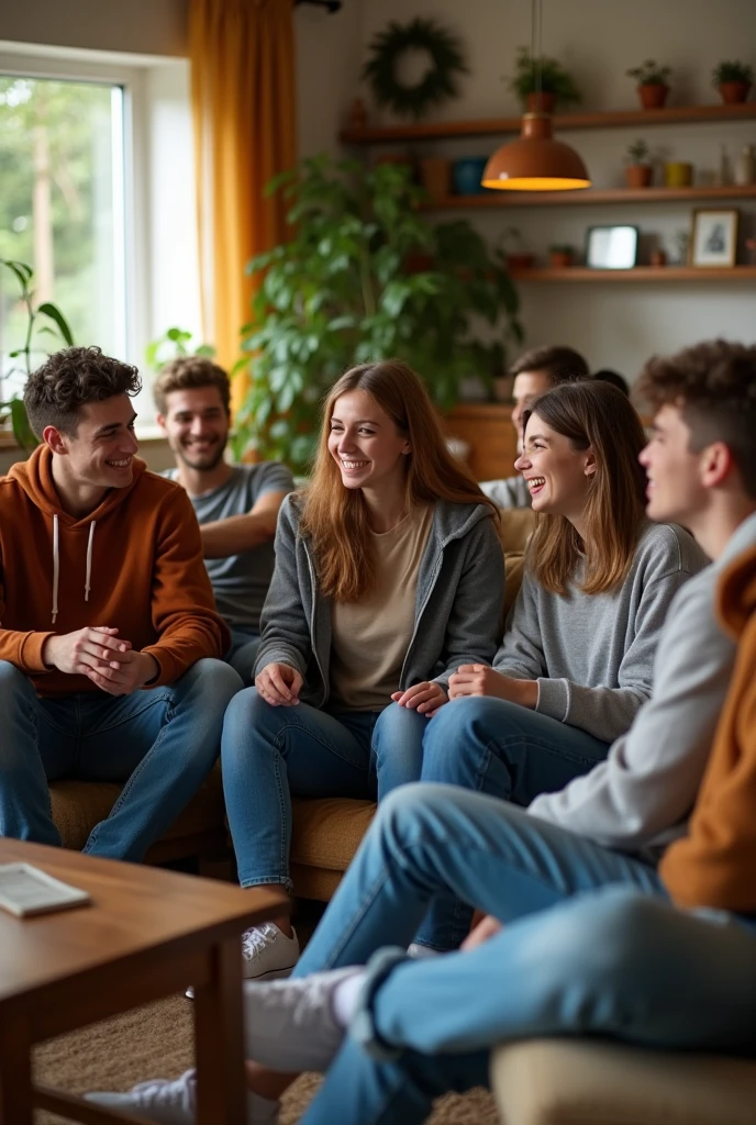 THE PHOTO MUST BE HORIZONTAL y mostrara a un grupo de ADOLESCENTES HOMBRES Y MUJERES REUNIDOS EN UNA CASA SENTADOS EN LA SALA CHARLANDO Y RIENDO. THE PHOTO MUST BE HORIZONTAL