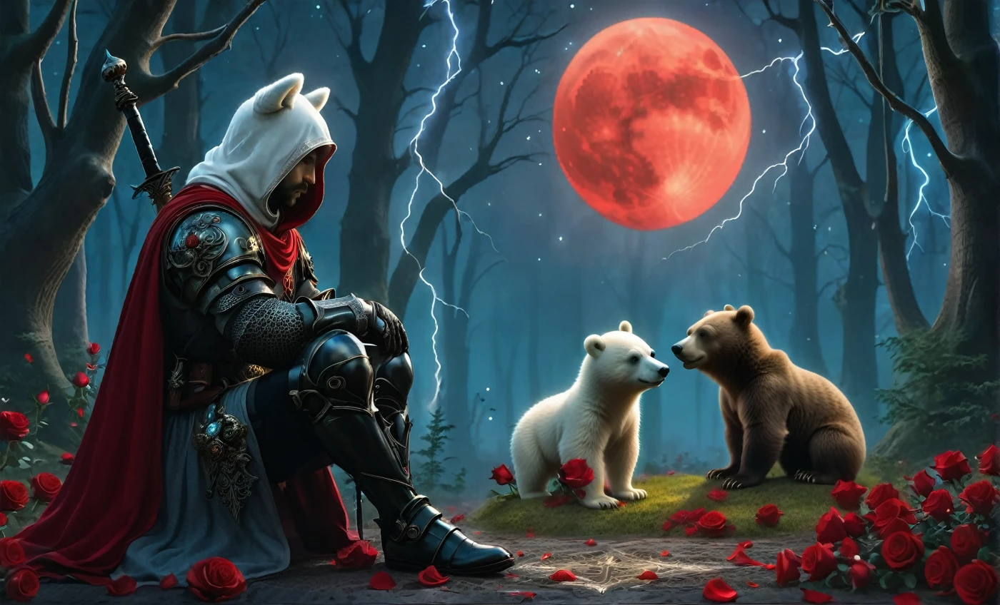 Male knight with a white hood with polar bear ears and a sword behind his back sits cross-legged on the ground towards a baby polar bear and a baby brown bear in a forest while the moon shines, many Roses cover the ground and lightning falls from the sky. The baby polar bear plays with the baby brown bear while the knight enjoys watching them. Only the man wears a red blindfold. In the background of the picture is the blood moon and a tree has fallen down in the path. The forest is full of trees with leaves. The armor of the man is black and red roses decorate it. The sky is full of stars. The knight is thoughtfully touching his face.