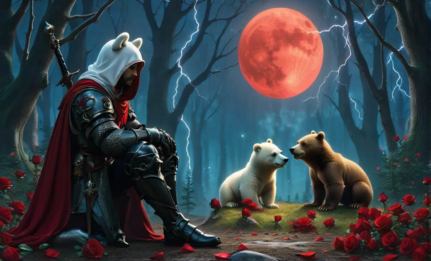 Male knight with a white hood with polar bear ears and a sword behind his back sits cross-legged on the ground towards a baby polar bear and a baby brown bear in a forest while the moon shines, many Roses cover the ground and lightning falls from the sky. The baby polar bear plays with the baby brown bear while the knight enjoys watching them. Only the man wears a red blindfold. In the background of the picture is the blood moon and a tree has fallen down in the path. The forest is full of trees with leaves. The armor of the man is black and red roses decorate it. The sky is full of stars. The knight is thoughtfully touching his face.