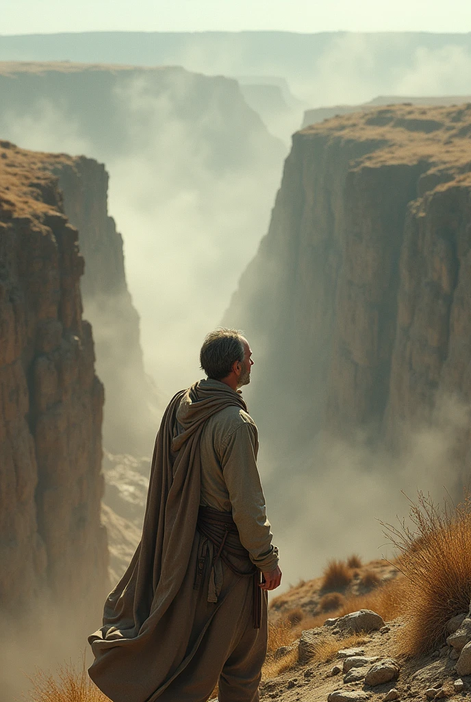 A man looking at a the dust in the wind in a cliff
