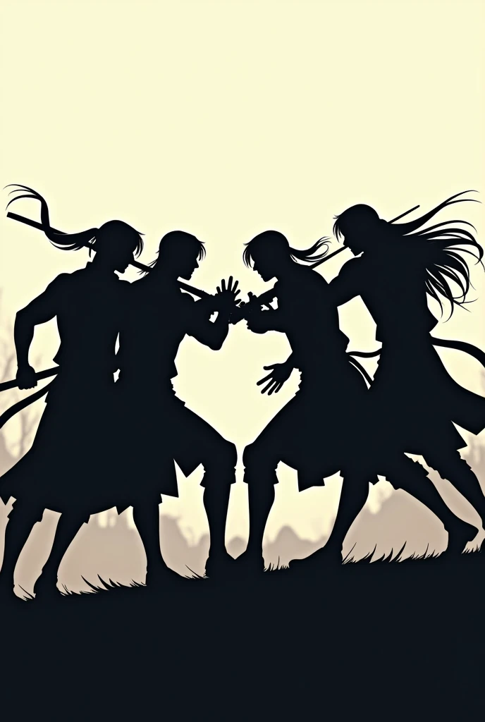 The silhouette of FIVE MEN, two of them with long hair, two of them are fighting in medieval anime style