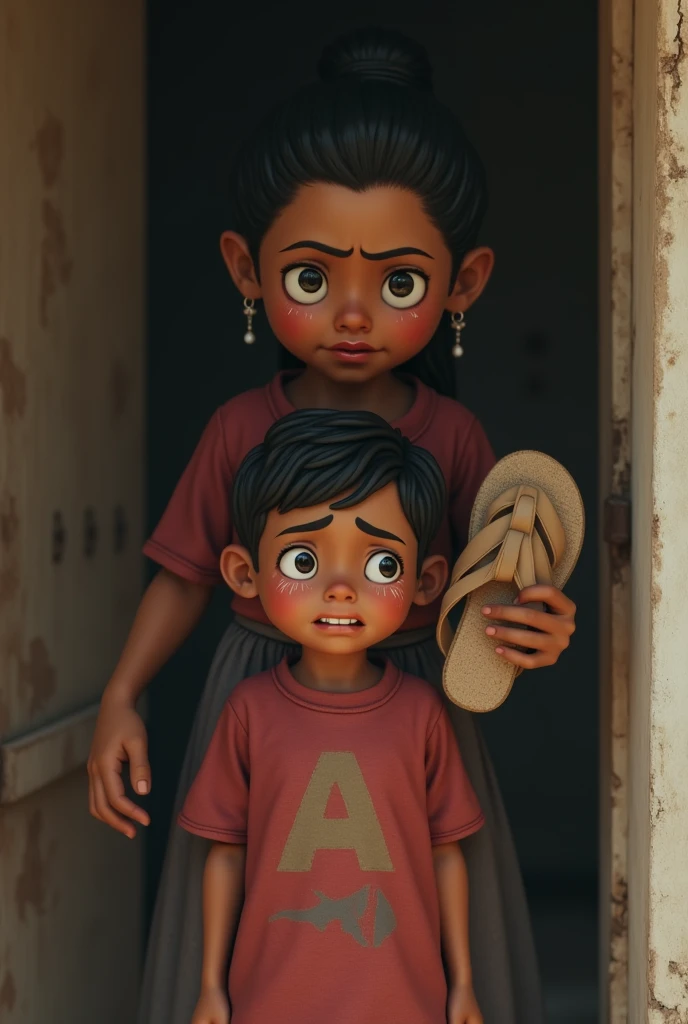 (photorealism:1.2), Mexican dark-skinned boy, The boy is crying because he forgot his homework, His mom is standing behind him with an angry face., with sandal in hand, masterpiece