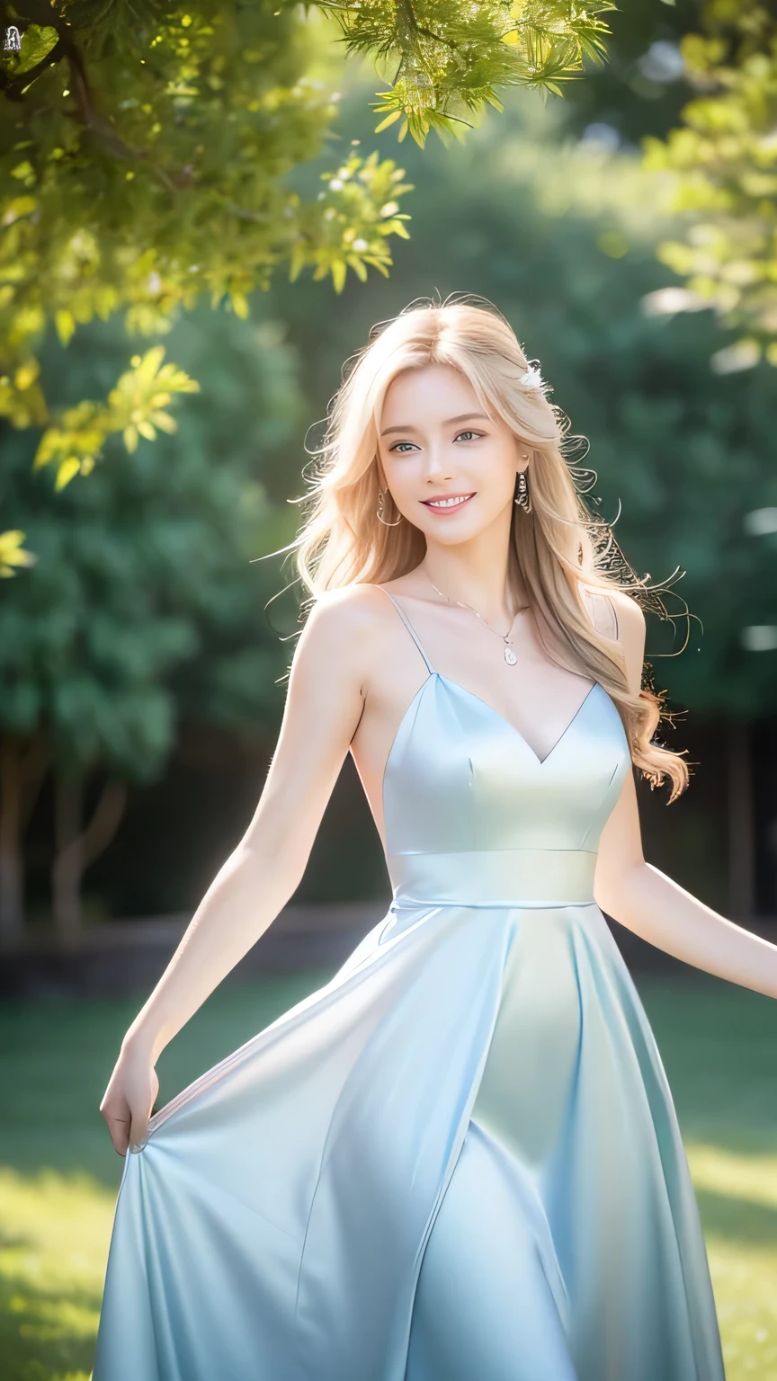 Realistic photo of the upper body of a smiling woman, beautiful blonde woman with long hair, She dances in front of the camera in a long green A-line bridesmaid dress with shiny satin straps.., Park,glamour fotoshooting, Wedding celebration, perfect anatomy, perfect blue eyes. Perfect hands with 5 fingers on each hand, Suitable woman , look into the camera, 1 Frau. (Eye make up:1.1), (highly detailed skin:1.1), spirit, analog style, keen focus, 8K  UHD, dslr, good quality, Fujifilm XT3, Grain, Award-winning, ​masterpiece. Wedding celebration