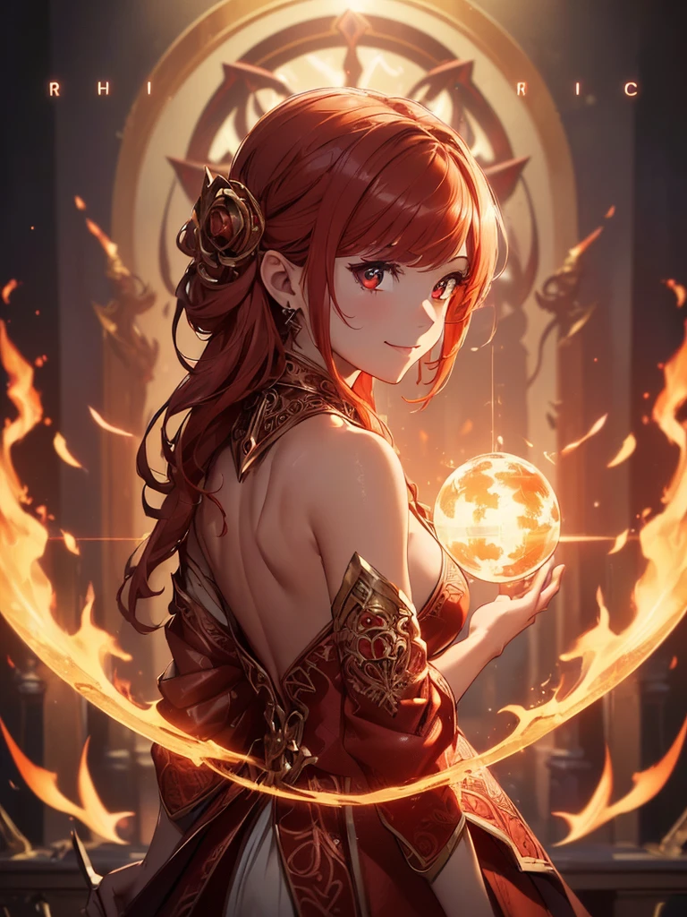 (((best quality, sharp image, clear image, cinematic lighting, 8k resolution, masterpiece, ultra detailed, intricate))) Girl, sorcerer, cute, intricate dress, smiling, fiery red, ((intricate background)), (rune frame), dimension, ((shot from behind)), fire sigils, chaotic background, ((half-body shot))