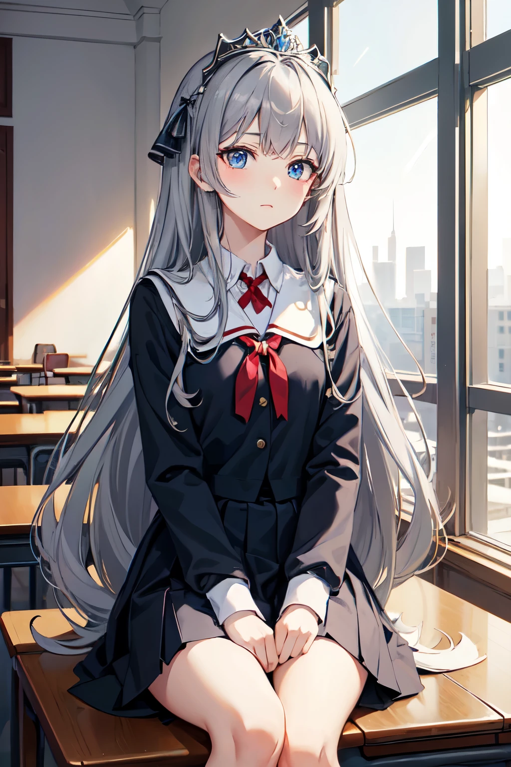Masterpiece, highest quality, alisamikhailovna kujou, long hair, bangs, blue eyes, tiara, ahoge, gray hair, red ribbon,school uniform, classroom, sitting on chair, knees up, ((looking away))