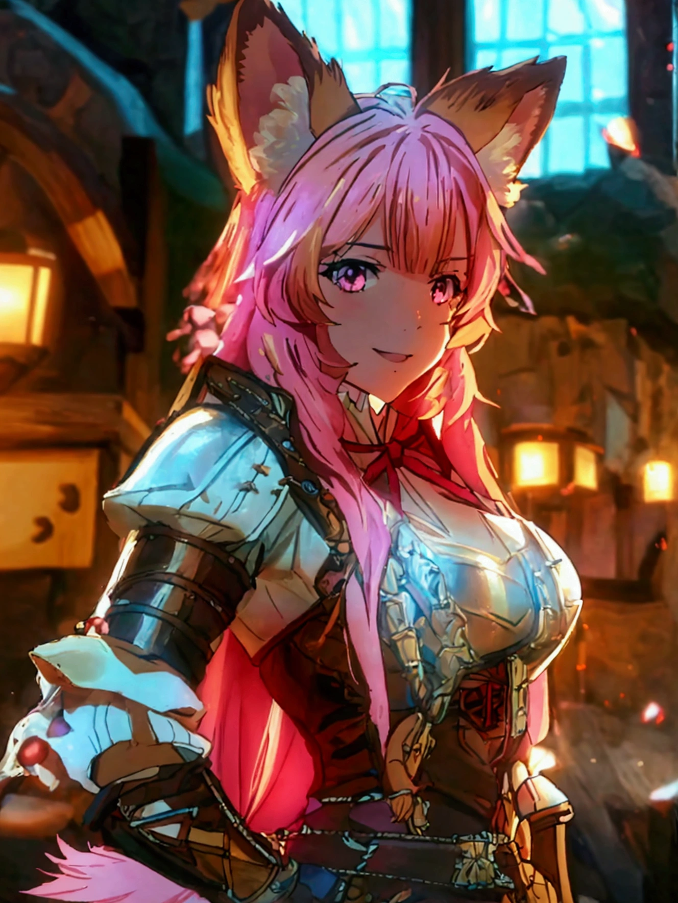 masterpiece, vibrant colours, hd, highres, absurdres, best quality, source anime, raphtalia, raphtalia, long hair, bangs, brown hair, animal ears, raccoon ears, raccoon tail, raccoon girl, pink eyes, smile, long sleeves, sweater, ribbed sweater, puffy sleeves, breastplate, ribbon, red ribbon, gauntlets, glove, brown gloves, belt, skirt, armor, indoors, tavern, medieval, coffee, nature, looking at viewer, cowboy shot, dutch angle, dynamic pose,