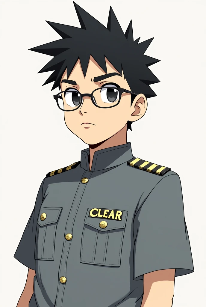 2D illustration of a short 3 Japanese man with glasses wearing a gray uniform with the letters CLEAR on his chest and spiky hair 