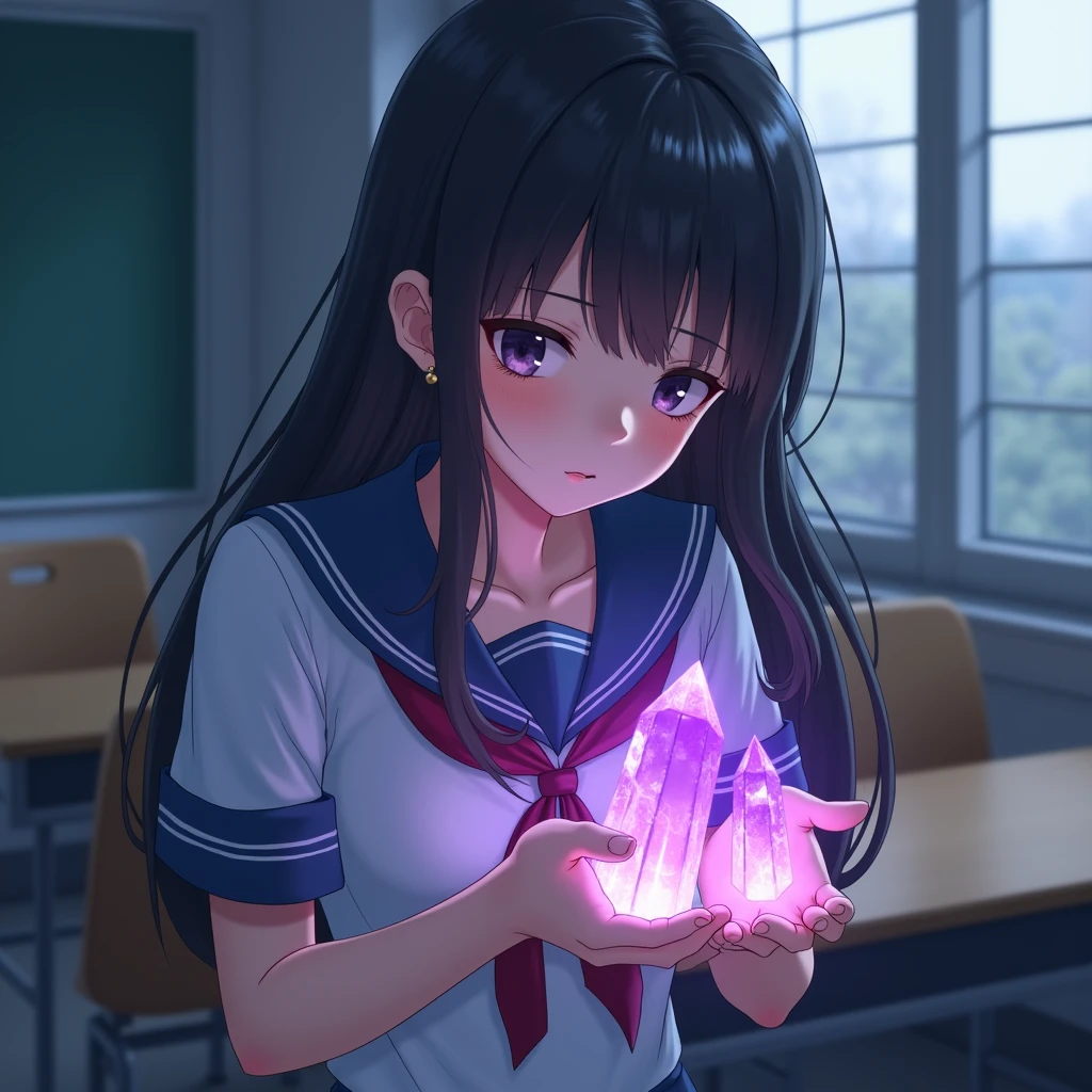 (Holding a shining crystal in each hand:1.4), (Eyes mesmerized by the light of the crystal:1.4),(Facial Art:1.3) Sailor suit、Japanese Girl、Black Hair、Long Hair、sense of cleanliness、Sleepy eyes、Gazing into the crystal、Hollow Eyes、Highest quality、classroom、No pupil、Looks sleepy、Closed eyes、Expressionless eyes、Sleepy eyes、Eyes that seem to close、Upper Body、I can see your chest、mini skirt、Large Breasts、The crystal glows faintly、The crystal glows purple、Enchanted eyes、Fascinated face、Sleepy face、Staring at the crystal、Eyelids closing、I want to sleep very much、Enchanted eyes、Lightless Eyes、White of the eyes